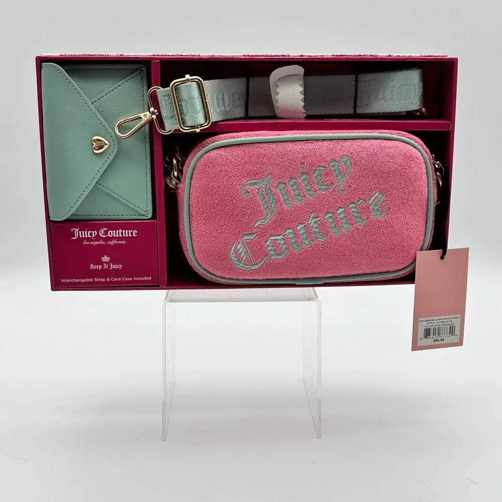 Juicy Couture Pink Lemonade Crossbody Camera Bag & Card Case Pink Terry Teal NWT